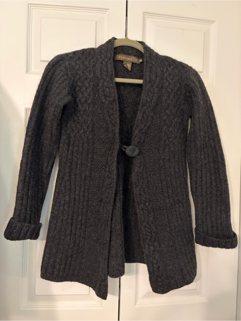 Inis Crafts 100% Merino Wool Cable Knit Cardigan Made In Ireland Charcoal Small
